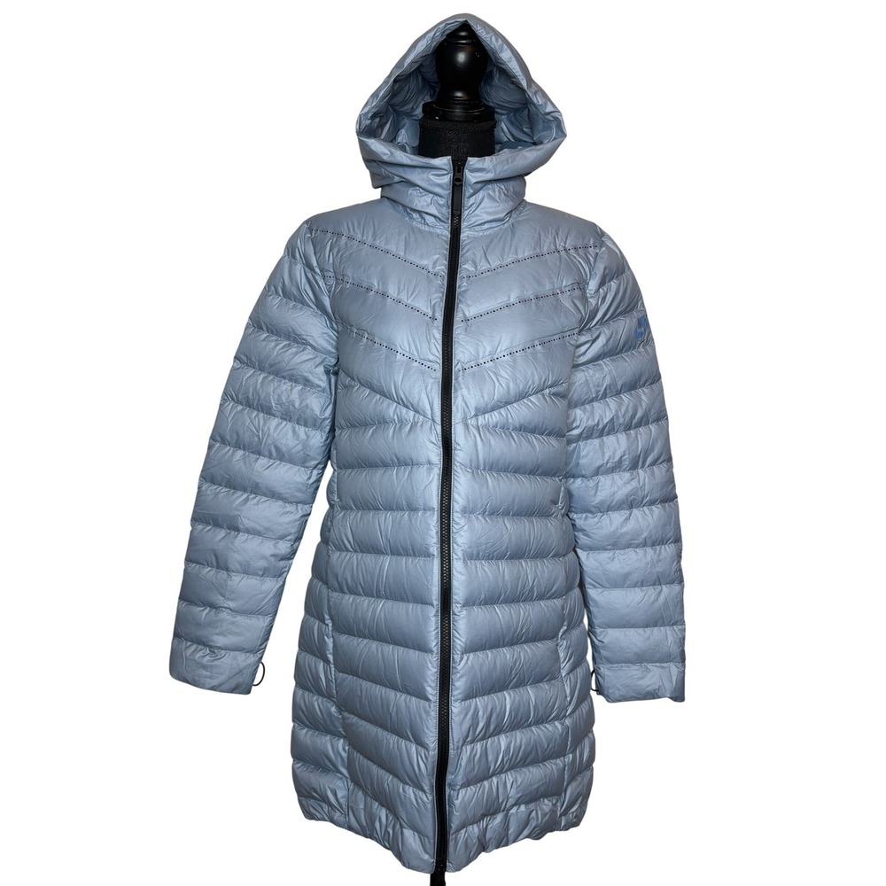 Nike Aeroloft Down Parka Women Medium Blue Grey Puffer Jacket Hooded 800-Fill